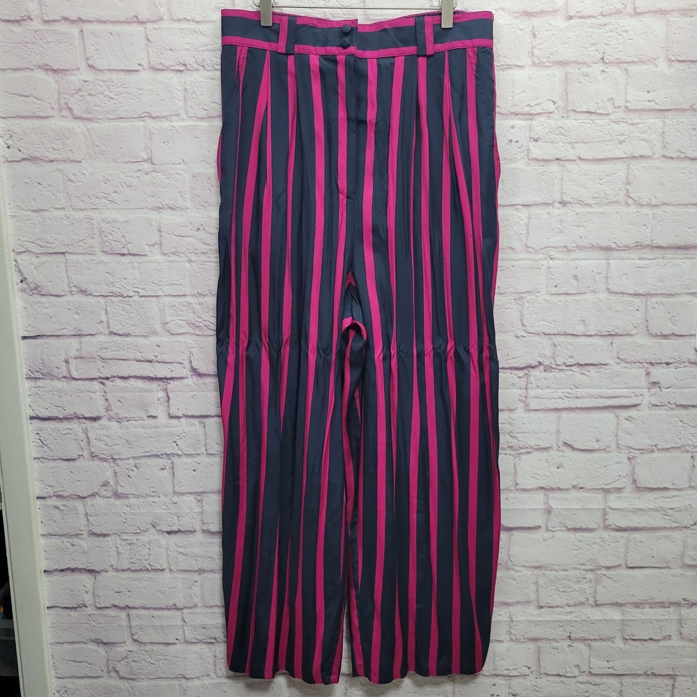 VTG Apart Pink Navy Stripe Trouser Pants Womens 18 Wide Leg Pleated Rayon Artsy